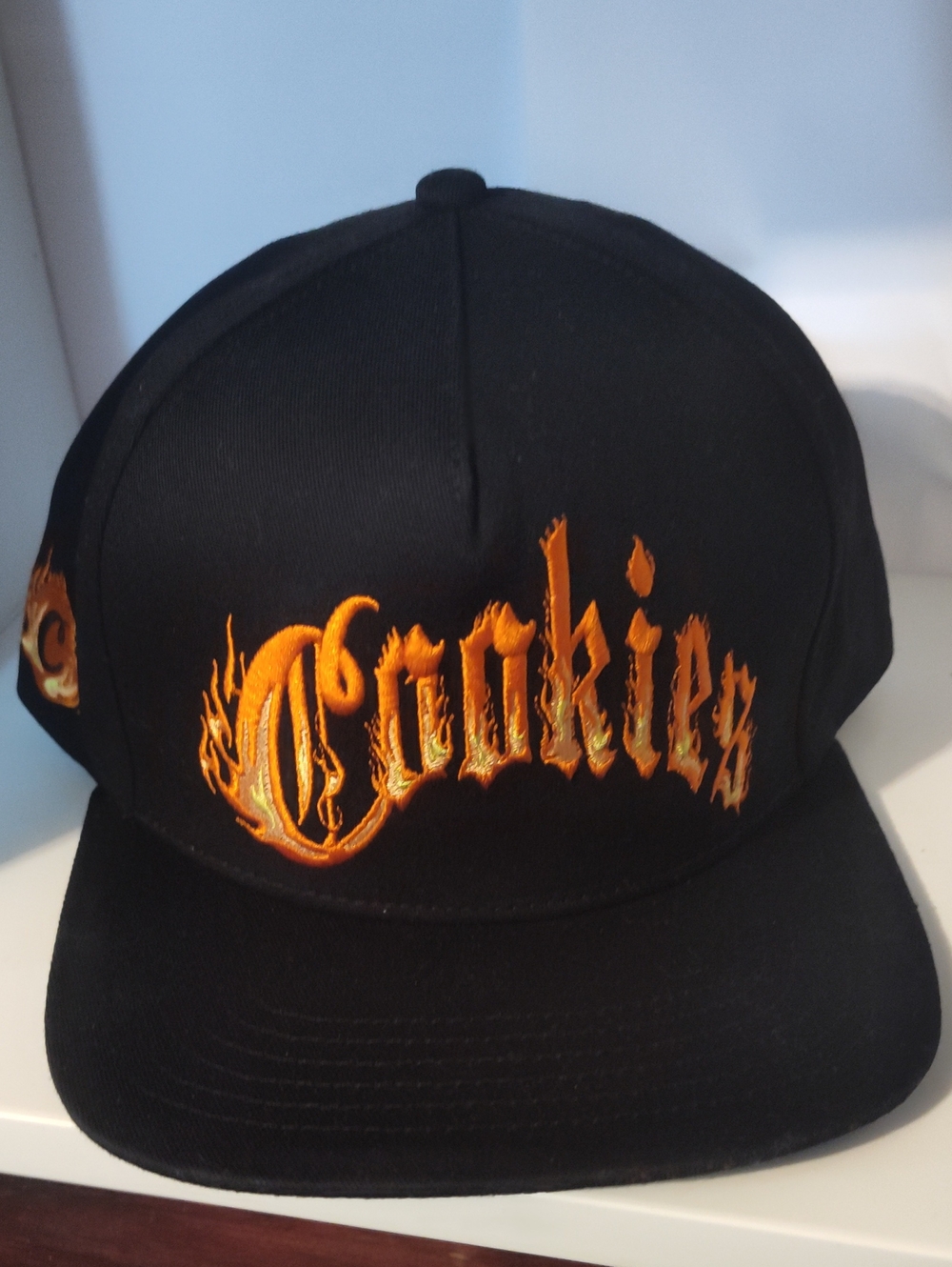 COOKIES Black Hat with Orange Flame Embroidery